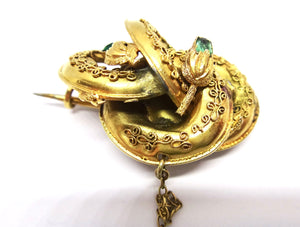 ANTIQUE 18CT Yellow GOLD & Emerald Brooch c. 1860