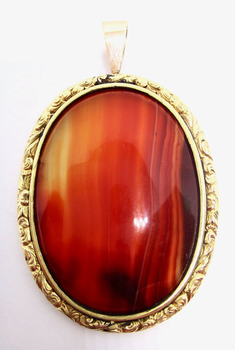 ANTIQUE 18CT Yellow GOLD & Banded Agate Pendant c. 1860