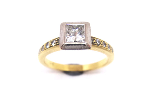 18CT Gold, Princess and Brilliant Cut Diamond Ring