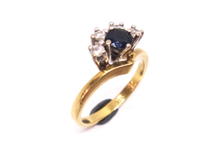 18CT Yellow GOLD, Palladium, Sapphire & Diamond Crescent Shape Ring