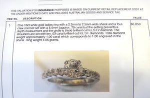 18CT White GOLD, & Brilliant Cut DIAMOND Ring VAL $6,850
