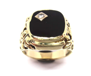 HEAVY Mens 18CT Yellow GOLD, Onyx & Diamond Signet Ring
