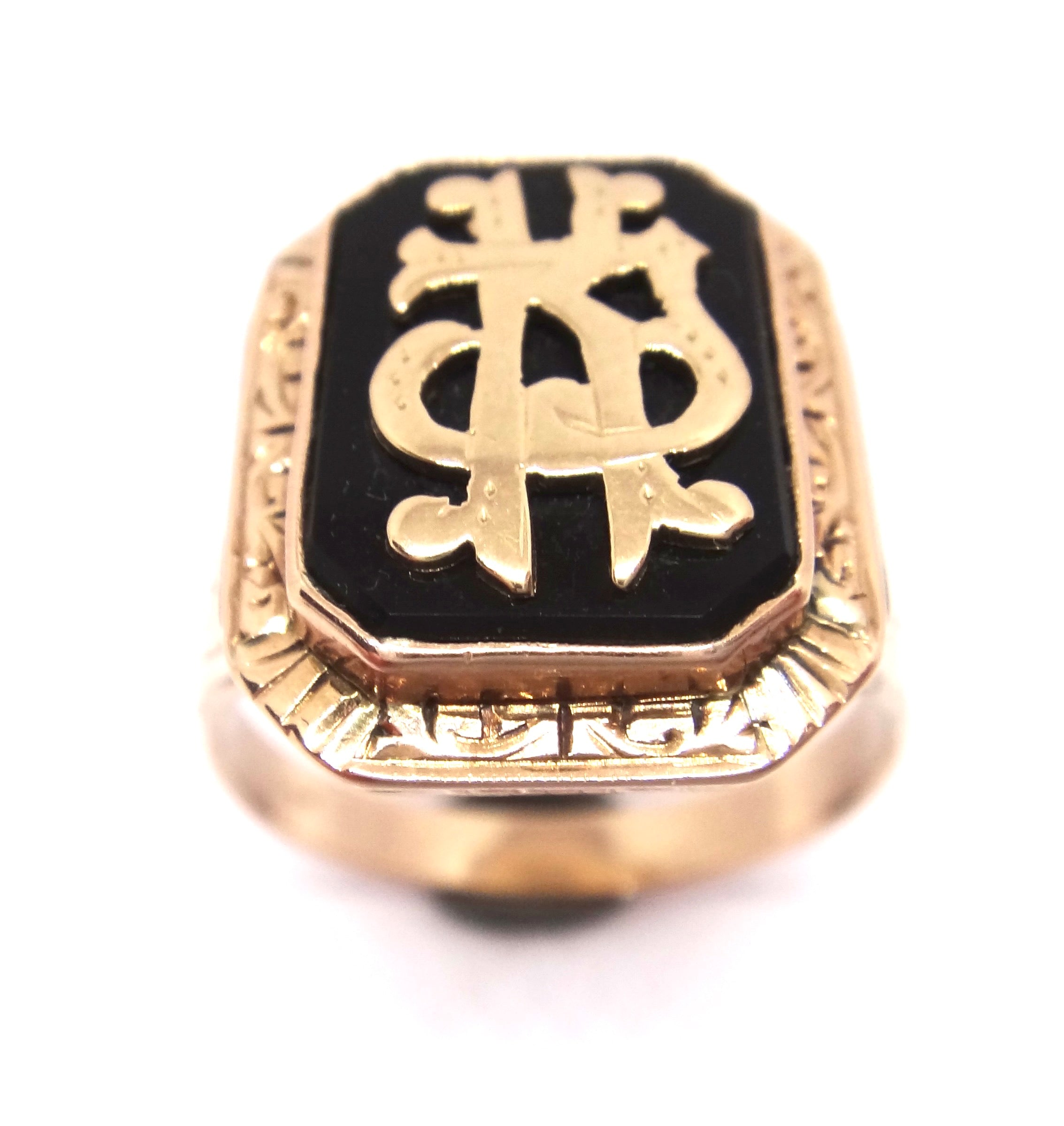 Mens 14CT Rose GOLD & ONYX Engraved Signet Ring