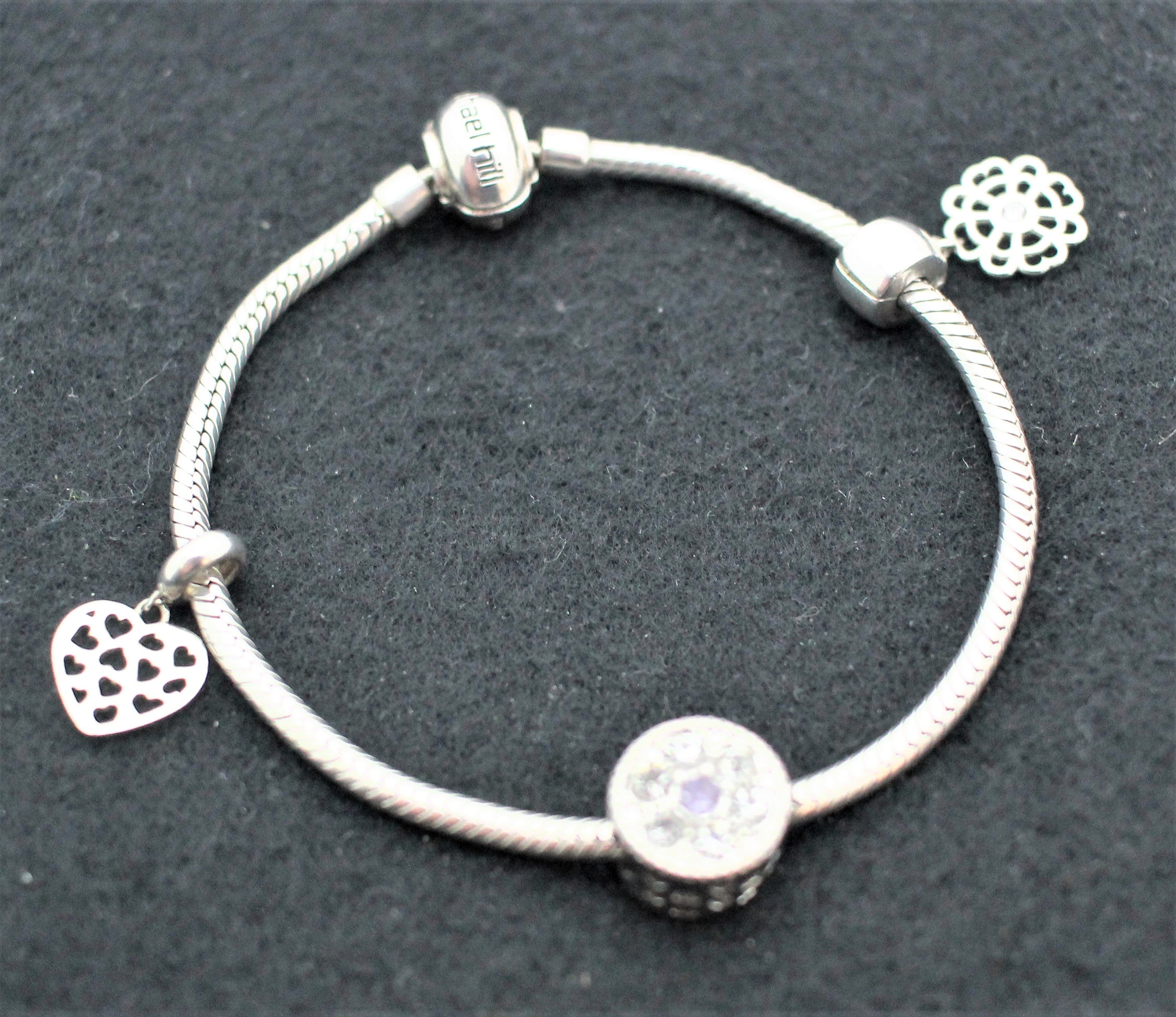 Michael Hill Charm Bracelet Silver 925, 3x charms